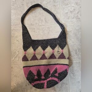 The Sak Pink Black Cream Crochet Shoulder Tote